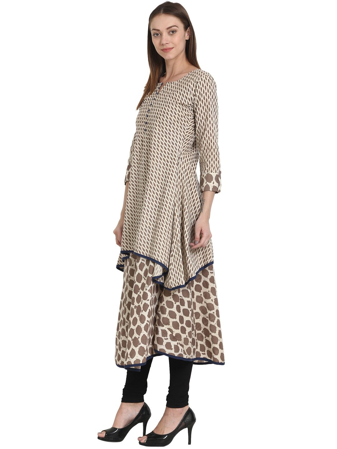 Women Printed Beige Three-Quarter Sleeves Round Neck Cotton A-Line Kurta | NOZ2TOZ - Made In INDIA.