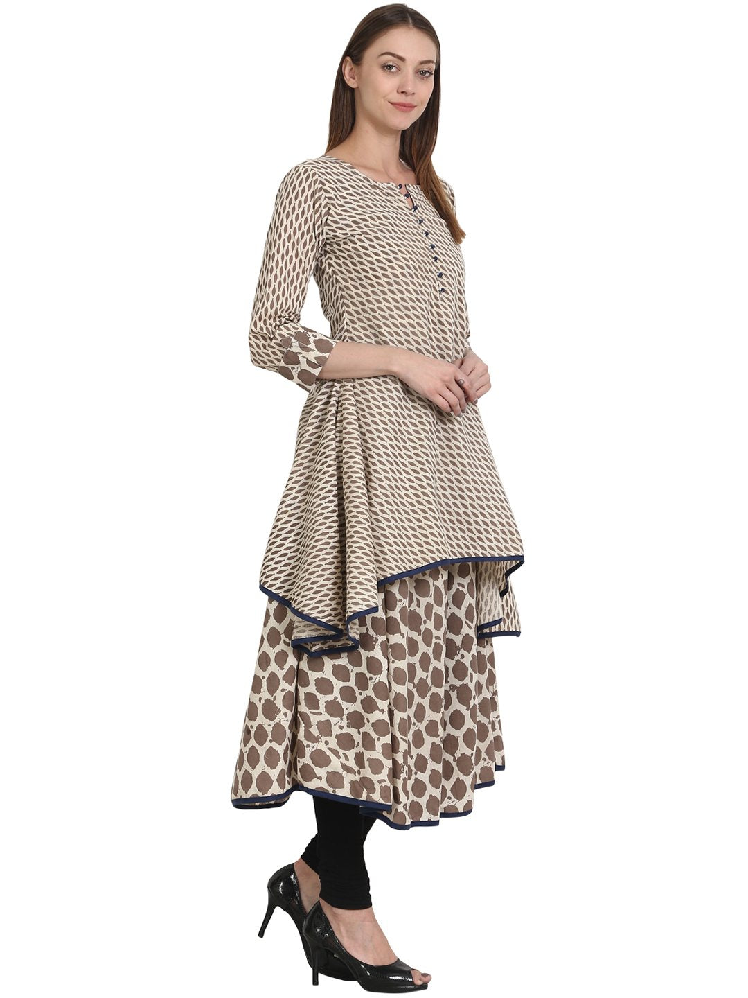 Women Printed Beige Three-Quarter Sleeves Round Neck Cotton A-Line Kurta | NOZ2TOZ - Made In INDIA.