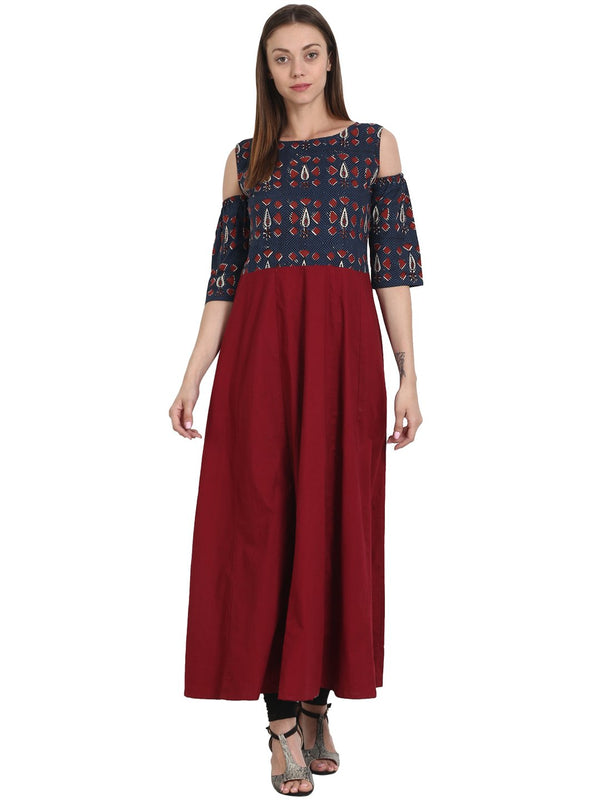 Women Maroon printed off shoulder half sleeve cotton Anarkali kurta | NOZ2TOZ - Made In INDIA.