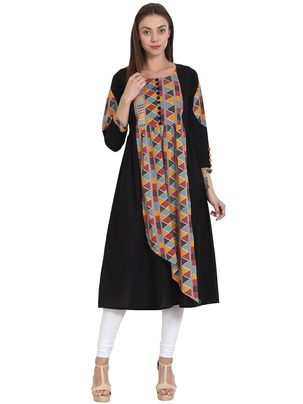 Women Black with front printed 3/4 sleeve cotton A-line kurta | NOZ2TOZ - Made In INDIA.