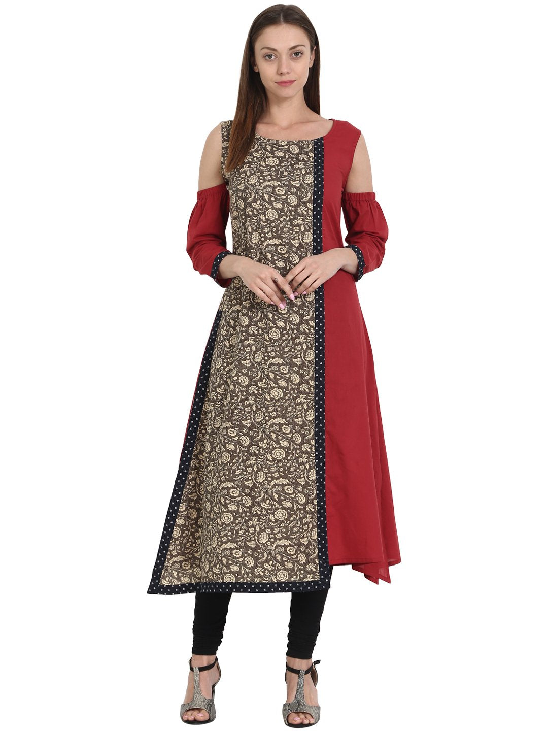 Women Maroon & grey printed 3/4 sleeve cotton Assymetric kurta | NOZ2TOZ - Made In INDIA.