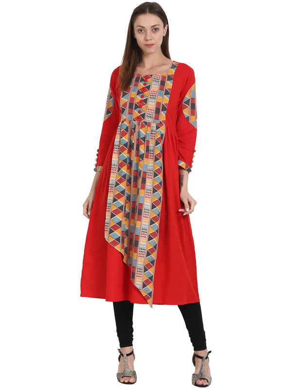 Women Red with front printed 3/4 sleeve cotton A-line kurta | NOZ2TOZ - Made In INDIA.