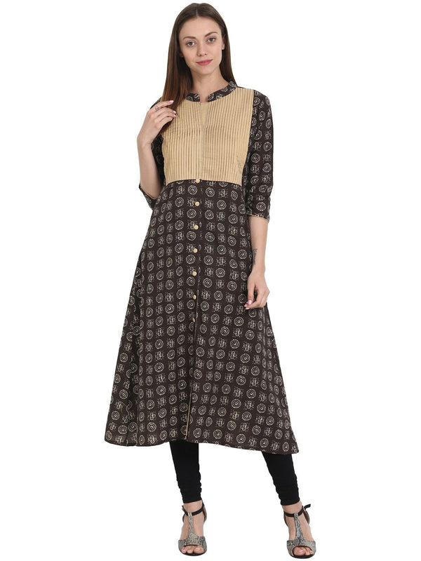 Women Black printed 3/4 sleeve cotton A-line kurta | NOZ2TOZ - Made In INDIA.