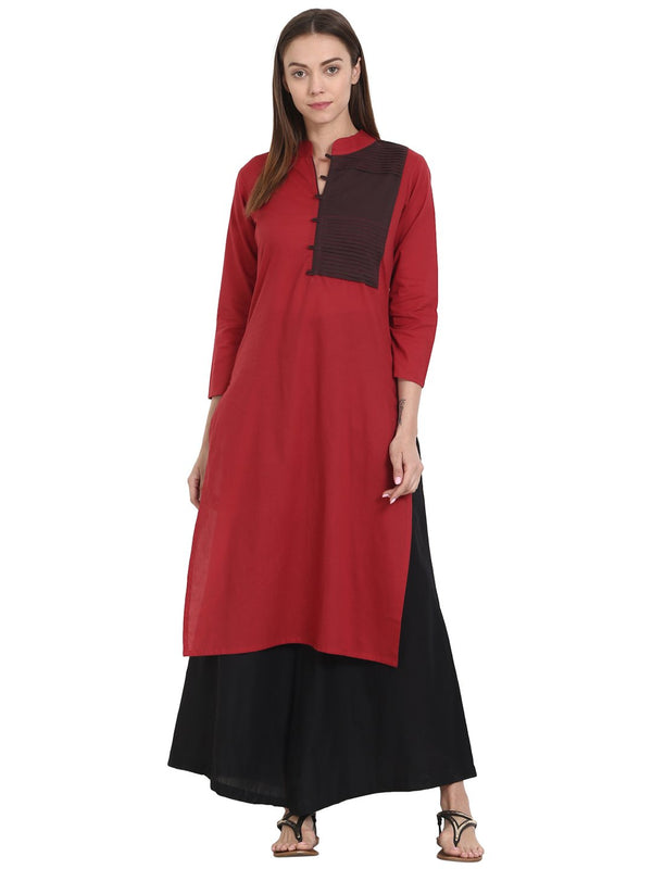 Women Solid Maroon Three-Quarter Sleeves Mandarin Collar Cotton Straight Kurta | NOZ2TOZ - Made In INDIA.