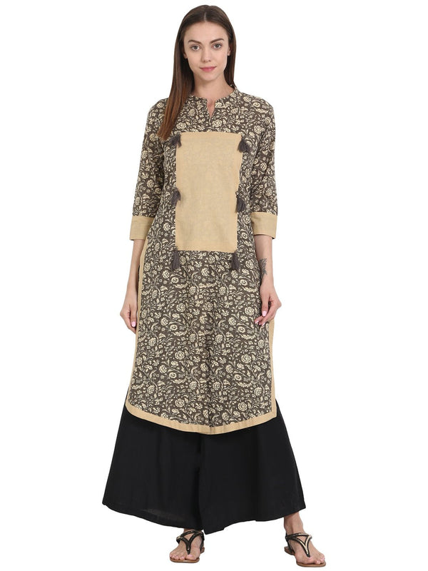 Women Printed Grey Three-Quarter Sleeves Mandarin Collar Cotton Straight Kurta | NOZ2TOZ - Made In INDIA.