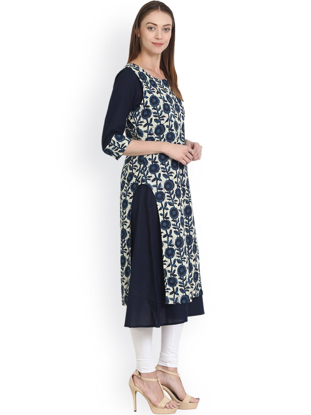 Women Blue & White Printed Straight Kurta | NOZ2TOZ - Made In INDIA.