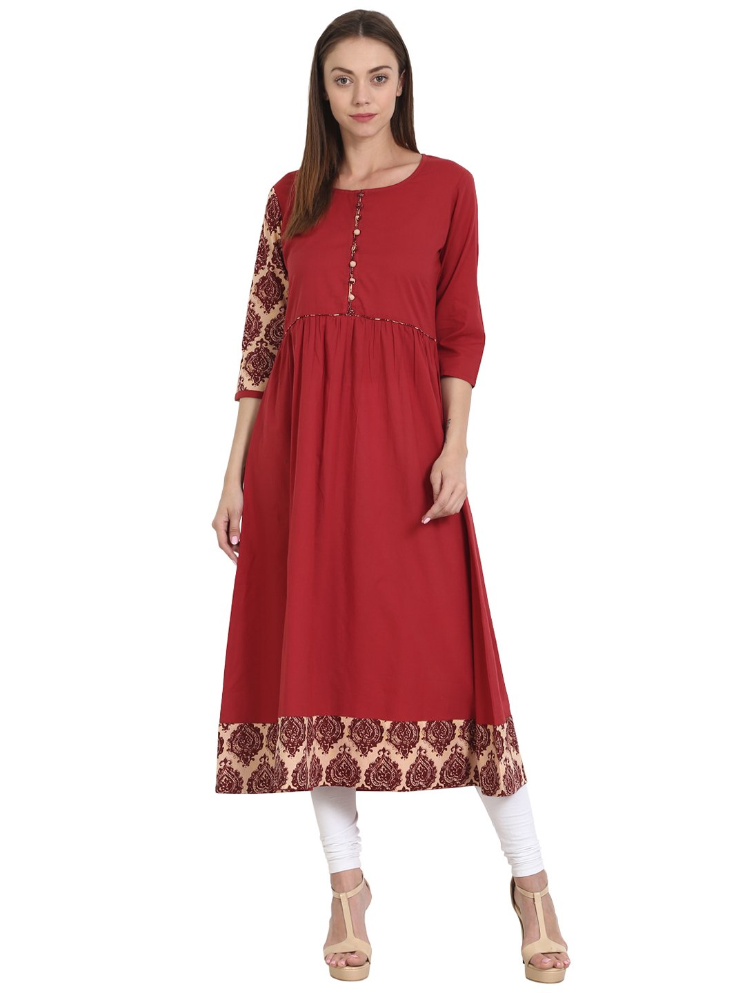 Women Maroon 3/4 sleeve cotton anarkali kurta | NOZ2TOZ - Made In INDIA.