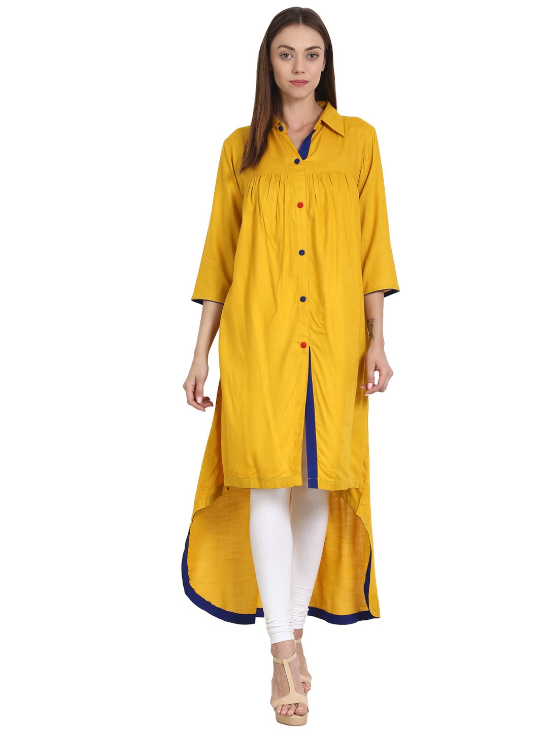 Yellow front open 3/4 sleeve low high Rayon kurta | NOZ2TOZ - Made In INDIA.