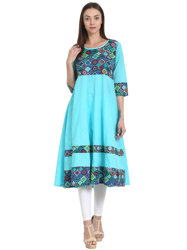 Women Aqua & blue printed 3/4 sleeve cotton Anarkali kurta | NOZ2TOZ - Made In INDIA.