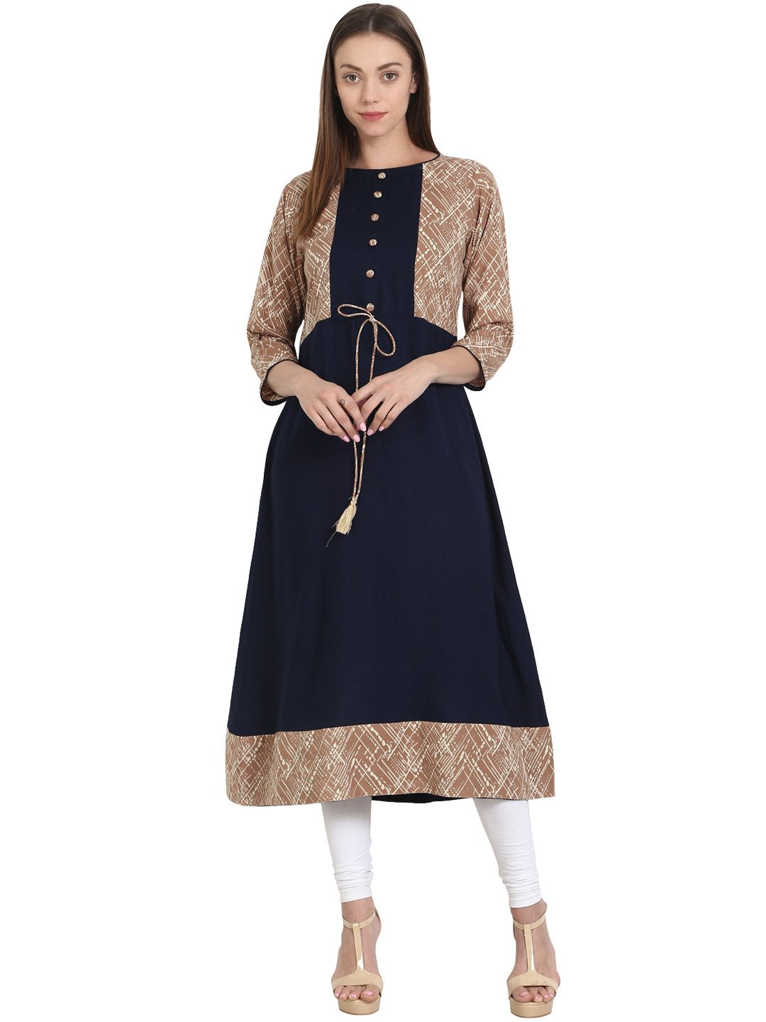 Women Blue 3/4 sleeve rayon kurta with beige print in yoke | NOZ2TOZ - Made In INDIA.