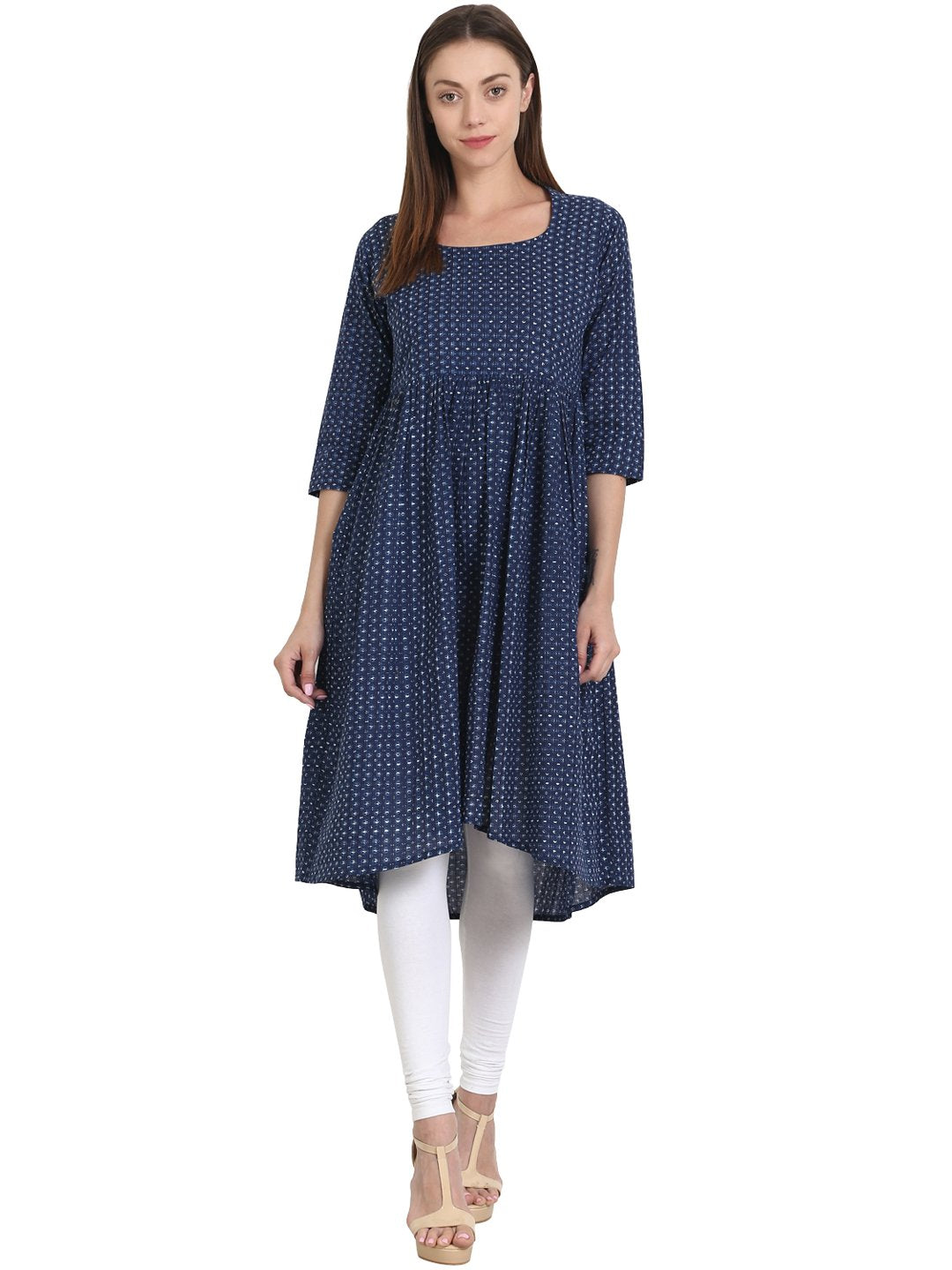 Women Blue printed 3/4 sleeve A-line kurta | NOZ2TOZ - Made In INDIA.