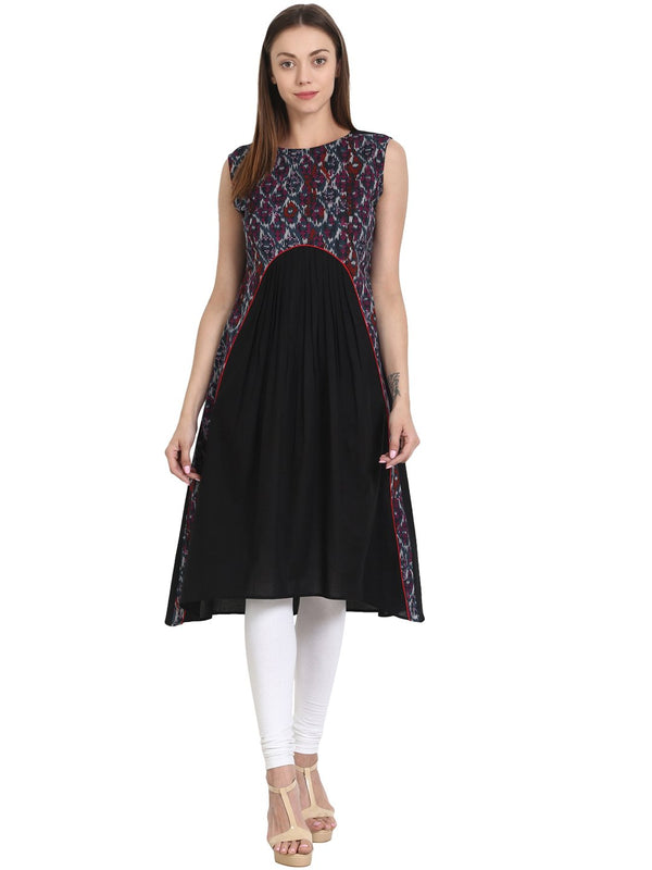 Black sleevless cotton A-line kurta with yoke printed | NOZ2TOZ - Made In INDIA.