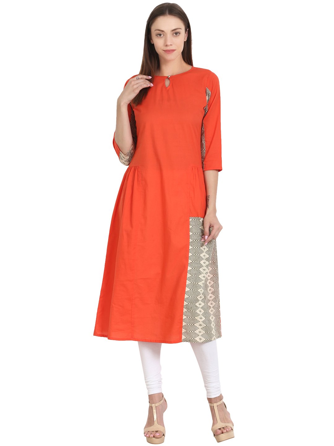 Women Orange 3/4 sleeve cotton A-line kurta | NOZ2TOZ - Made In INDIA.