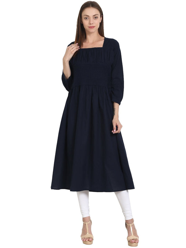 Women Navy Blue 3/4 sleeve cotton Anarkali kurta | NOZ2TOZ - Made In INDIA.