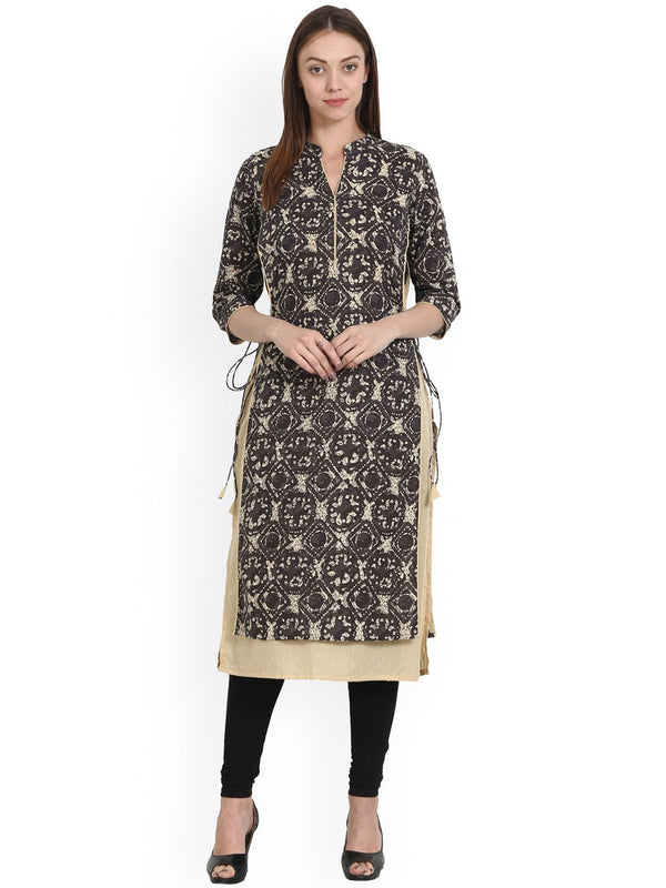 Beige & Grey printed 3/4 sleeve cotton double layer kurta | NOZ2TOZ - Made In INDIA.