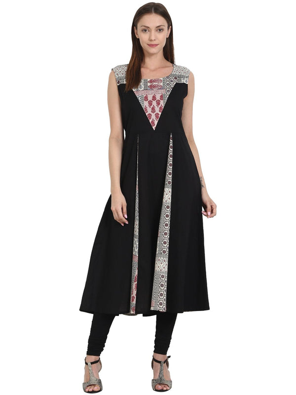 Black & Multi printed sleevless cotton A-line kurta | NOZ2TOZ - Made In INDIA.