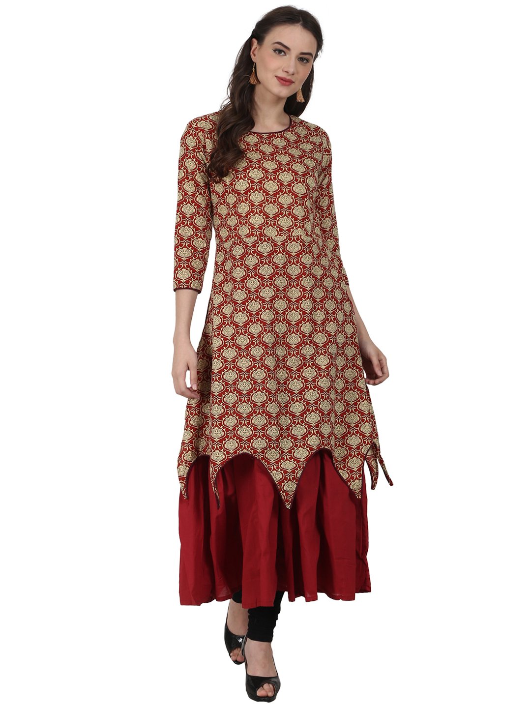 Women Red printed 3/4 sleeve assymetric layered cotton kurta | NOZ2TOZ - Made In INDIA.