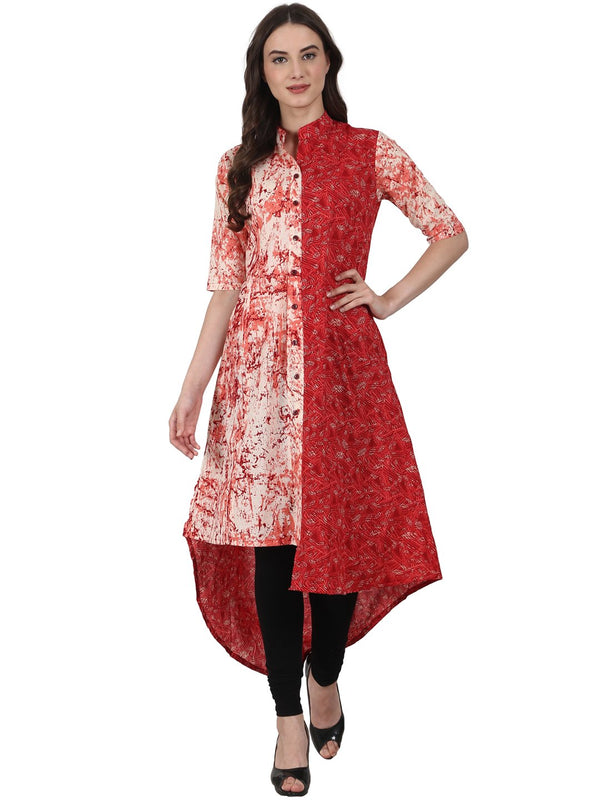 Red printed half sleeve low high cotton kurta | NOZ2TOZ - Made In INDIA.