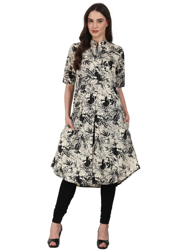 Women Black printed half sleeve double pocket tale cut kurta | NOZ2TOZ - Made In INDIA.