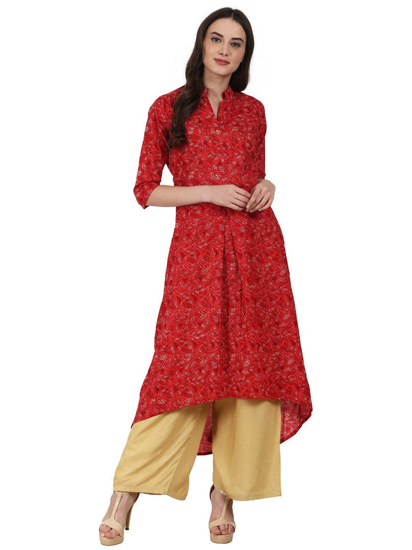 Red printed half sleeve low high cotton kurta | NOZ2TOZ - Made In INDIA.