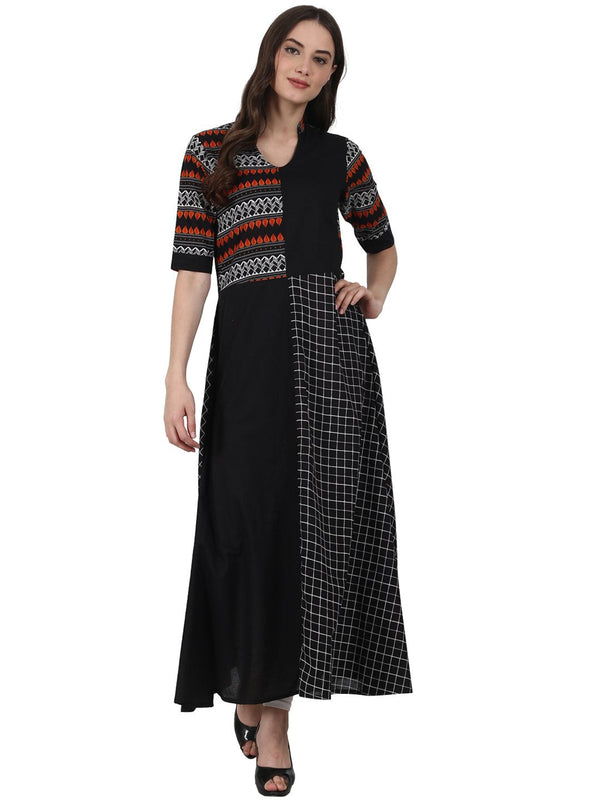 Women Black printed half sleeve cotton anarkali kurta | NOZ2TOZ - Made In INDIA.