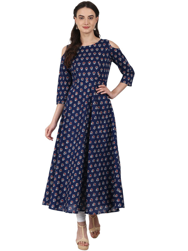 Women Navy blue printed 3/4 sleeve cotton Anarkali kurta | NOZ2TOZ - Made In INDIA.