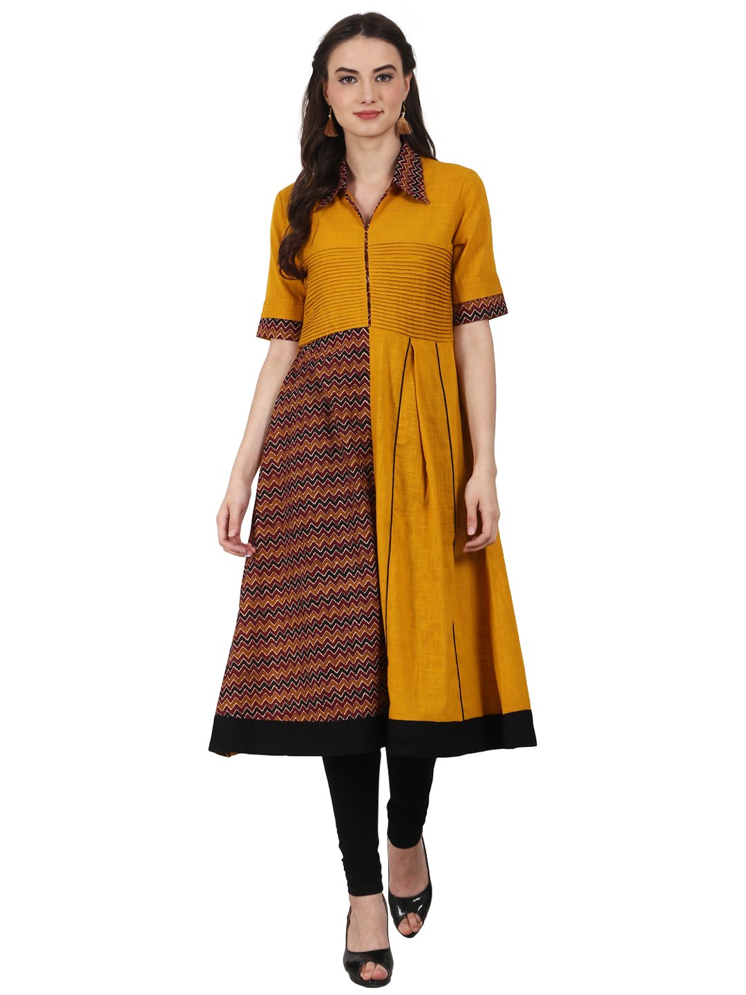 Women Yellow half sleeve cotton anarkali kurta | NOZ2TOZ - Made In INDIA.