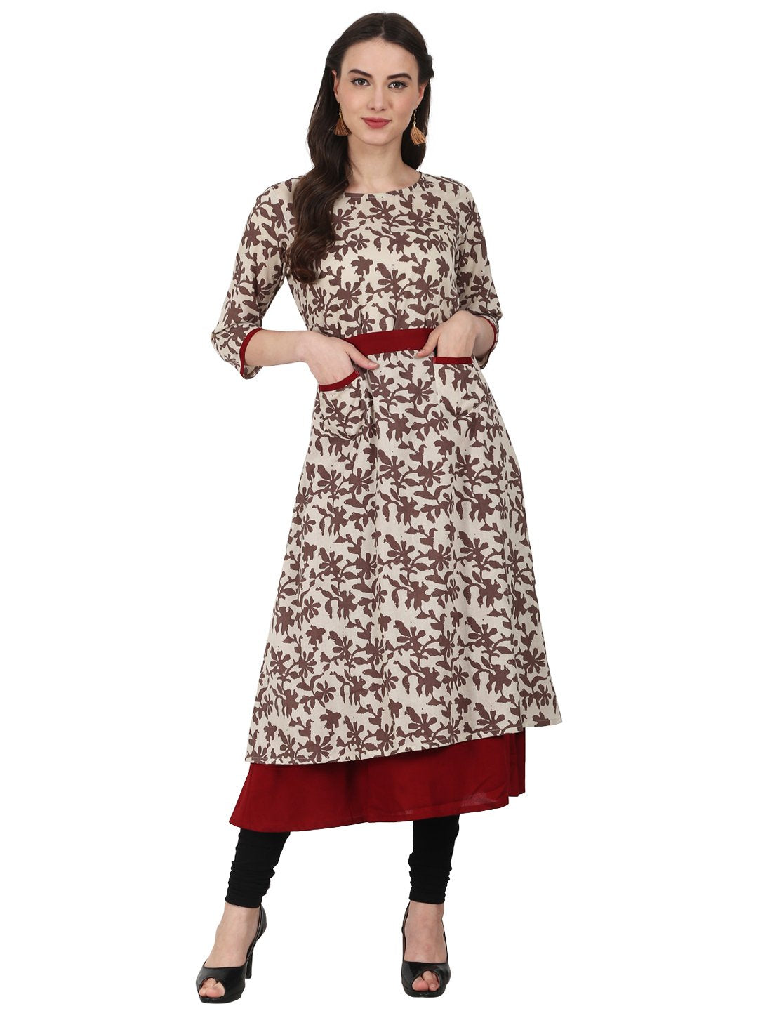 Women Beige printed 3/4 sleeve double layer cotton kurta | NOZ2TOZ - Made In INDIA.