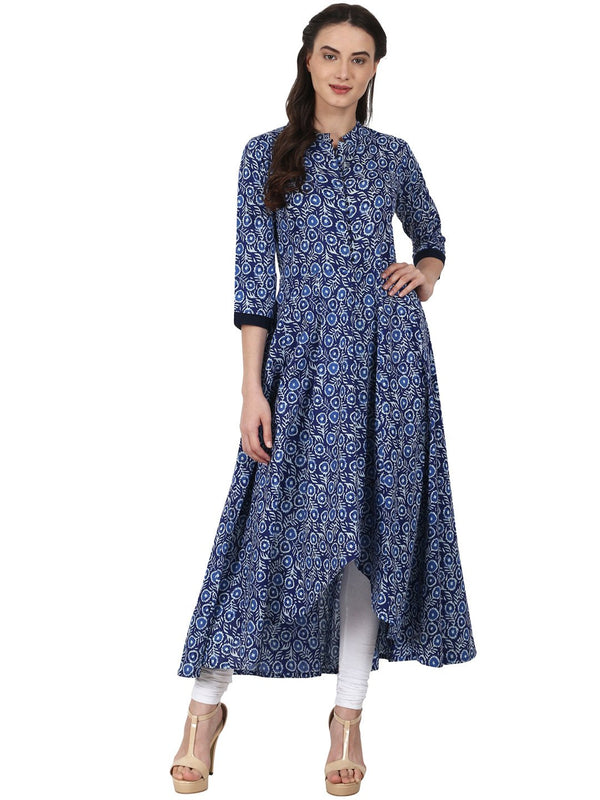 Blue printed 3/4 sleeve cotton assymetric anarkali kurta | NOZ2TOZ - Made In INDIA.