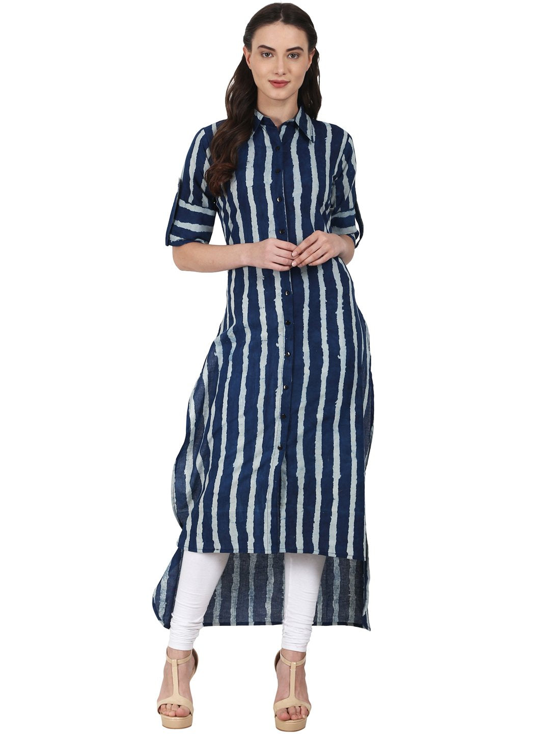 Women Blue roll up sleeve low high cotton kurta | NOZ2TOZ - Made In INDIA.