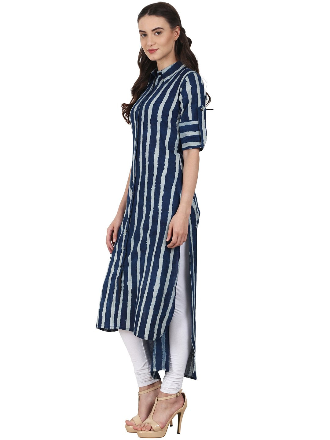 Women Blue roll up sleeve low high cotton kurta | NOZ2TOZ - Made In INDIA.