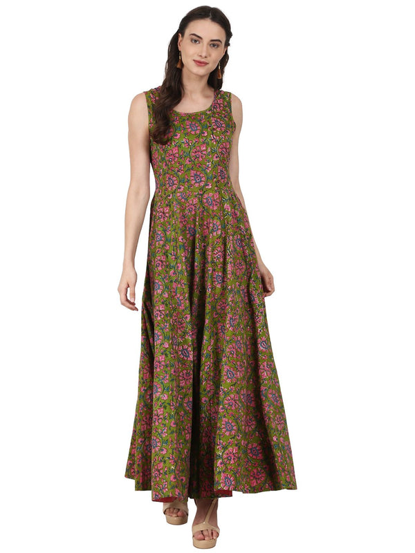 Green printed sleevless cotton anarkali kurta | NOZ2TOZ - Made In INDIA.