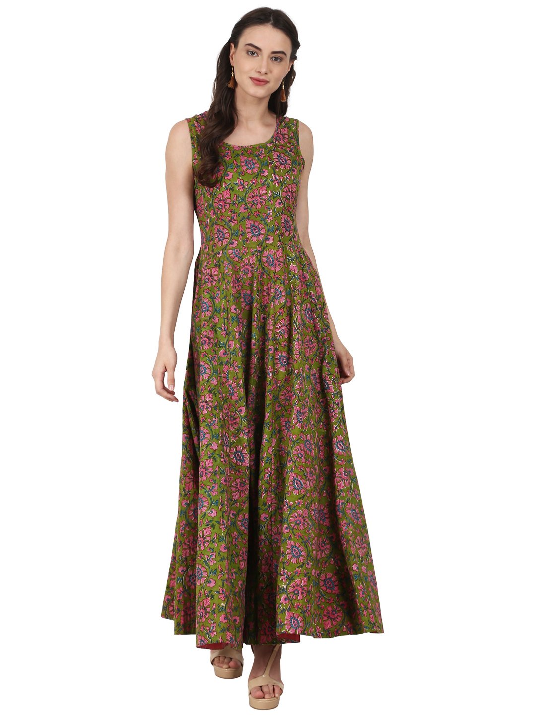 Women Green printed sleevless cotton anarkali kurta | NOZ2TOZ - Made In INDIA.