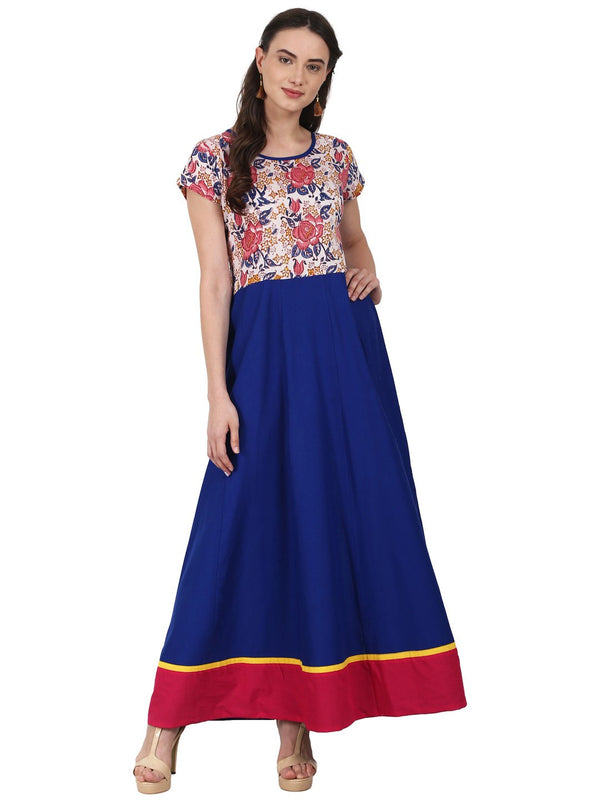 Women Blue cap sleeve cotton anarkali kurta with printed yoke | NOZ2TOZ - Made In INDIA.