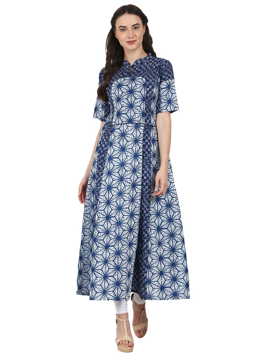 Blue printed half sleeve cotton anarkali kurta | NOZ2TOZ - Made In INDIA.