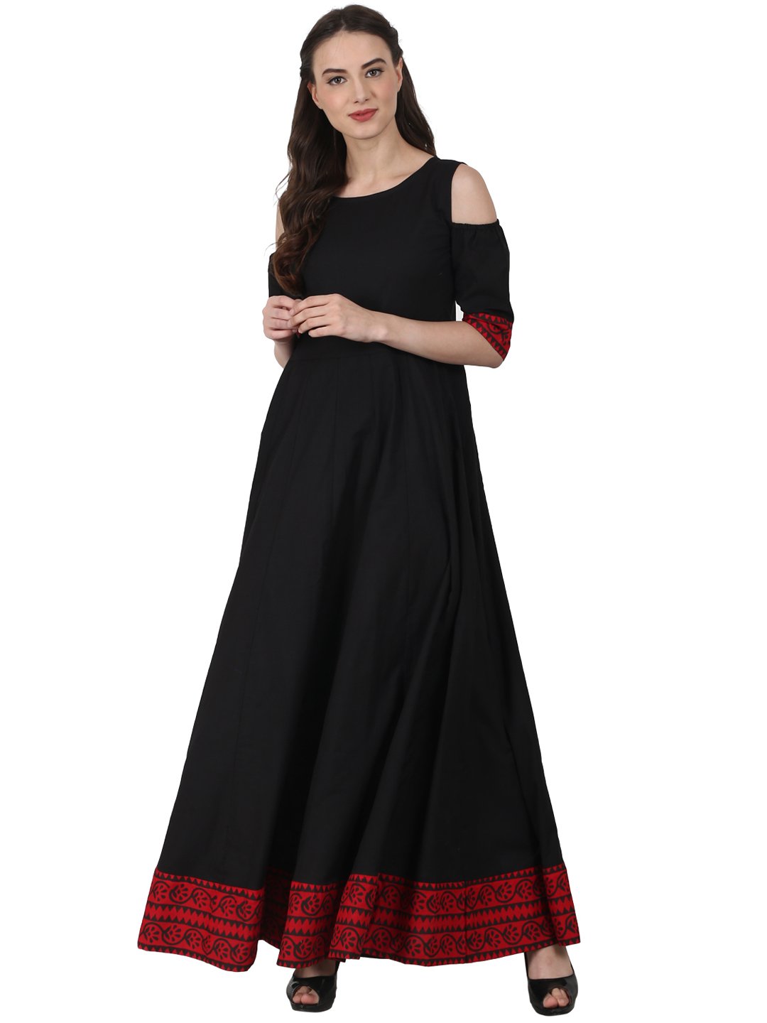 Women Black half sleeve cotton Anarkali kurta | NOZ2TOZ - Made In INDIA.