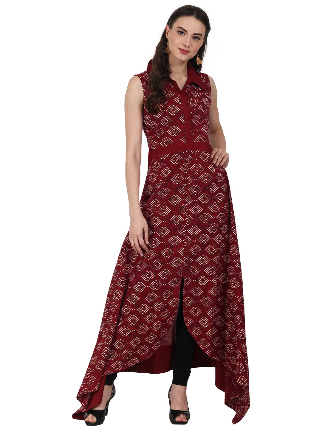 Women Maroon printed Sleevless Assymetric cotton A-Line kurta | NOZ2TOZ - Made In INDIA.