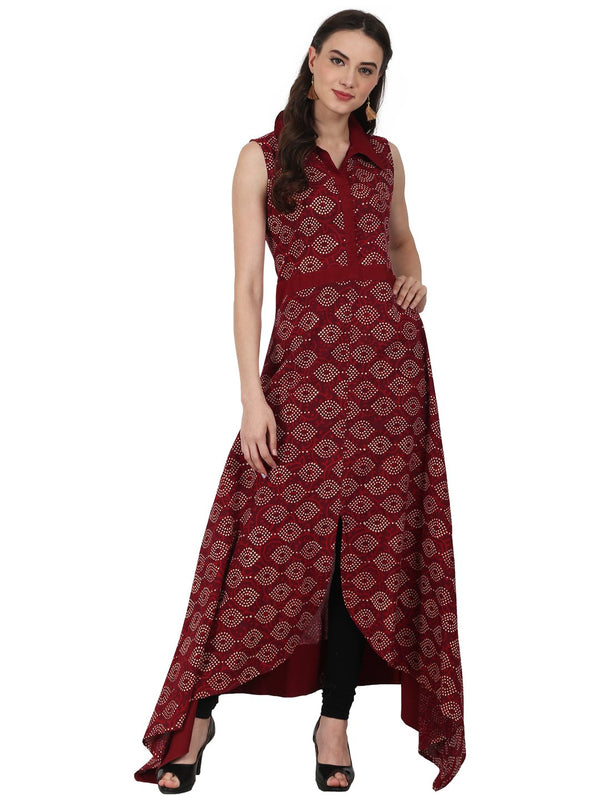 Maroon printed Sleevless Assymetric cotton A-Line kurta | NOZ2TOZ - Made In INDIA.