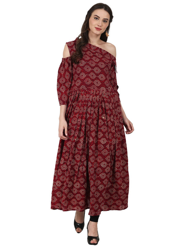 Maroon printed 3/4 sleeve cotton anarkali kurta | NOZ2TOZ - Made In INDIA.