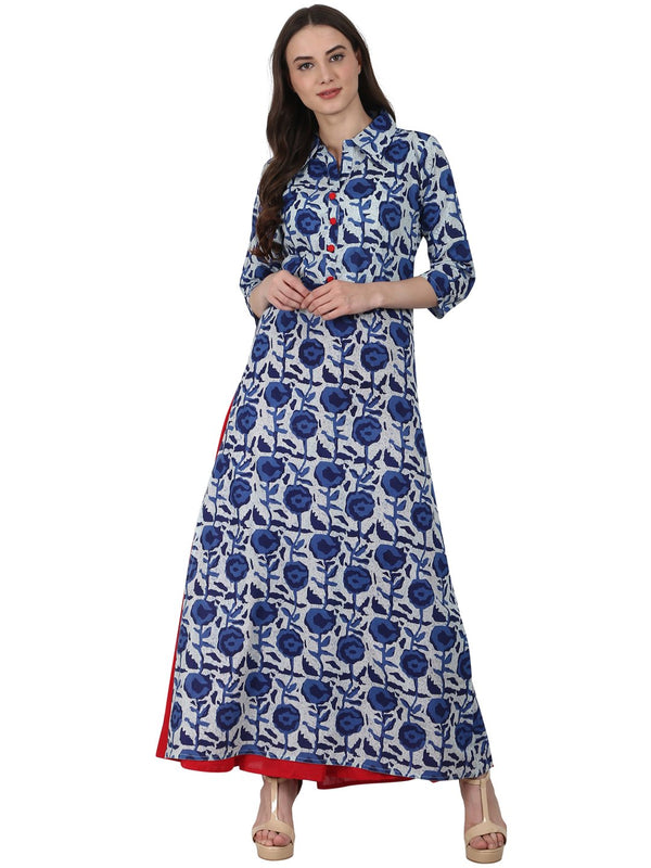 Blue printed 3/4 sleeve long cotton kurta | NOZ2TOZ - Made In INDIA.