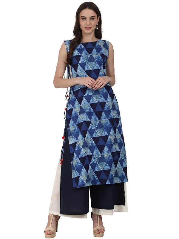 Blue printed sleevless kurta with double laye | NOZ2TOZ - Made In INDIA.