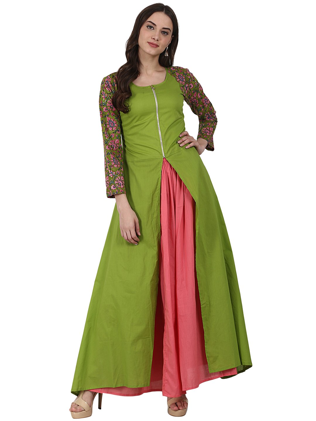 Green 3/4 sleeve cotton A-line kurta with front cut | NOZ2TOZ - Made In INDIA.