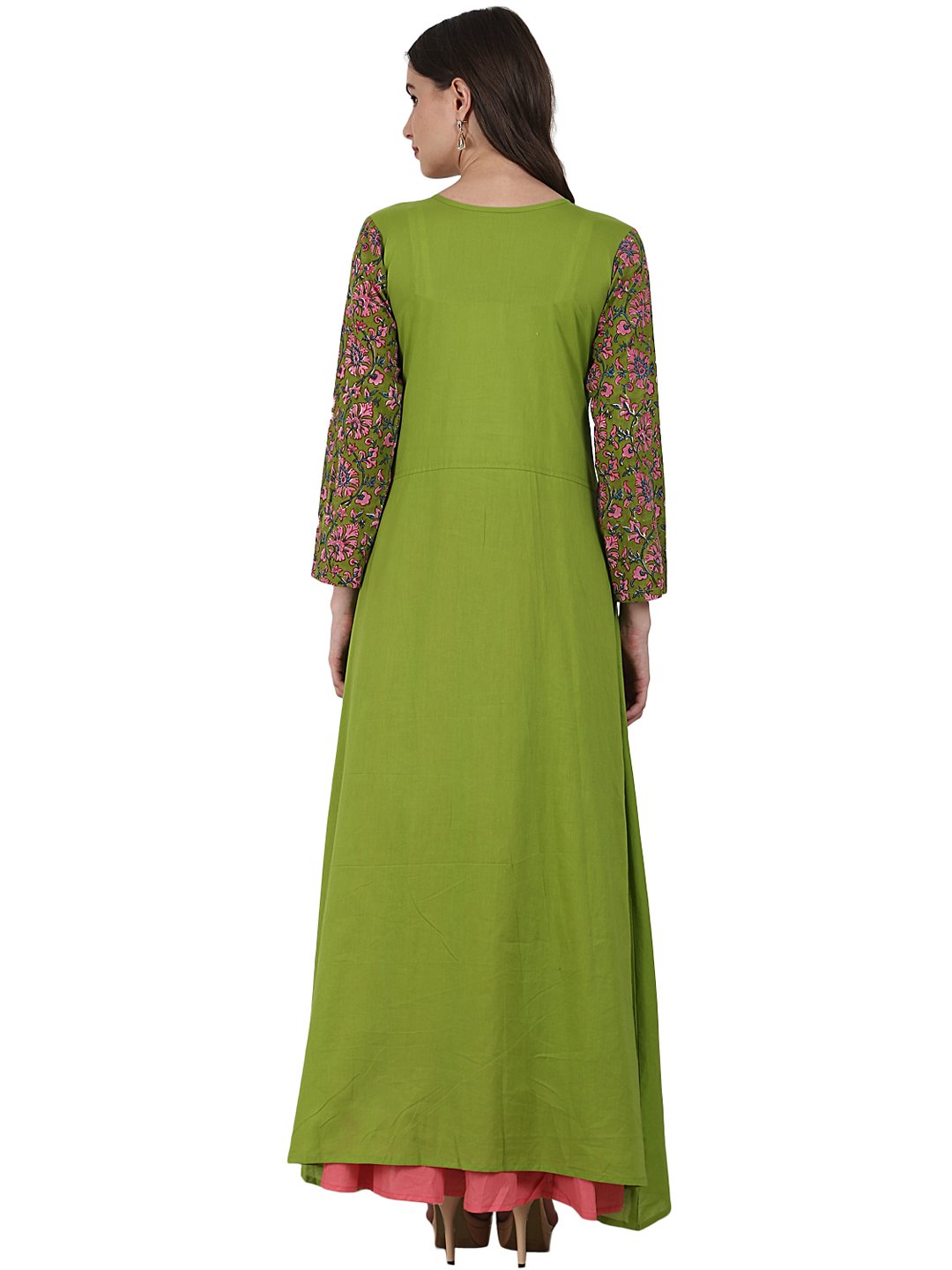 Green 3/4 sleeve cotton A-line kurta with front cut | NOZ2TOZ - Made In INDIA.