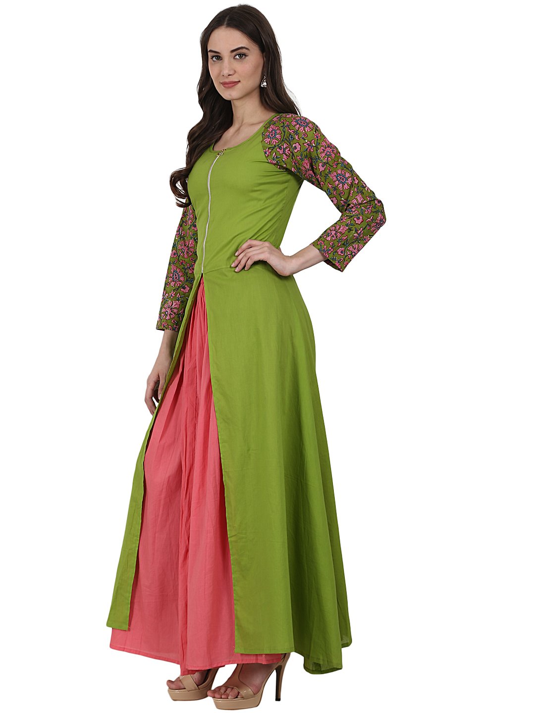 Green 3/4 sleeve cotton A-line kurta with front cut | NOZ2TOZ - Made In INDIA.