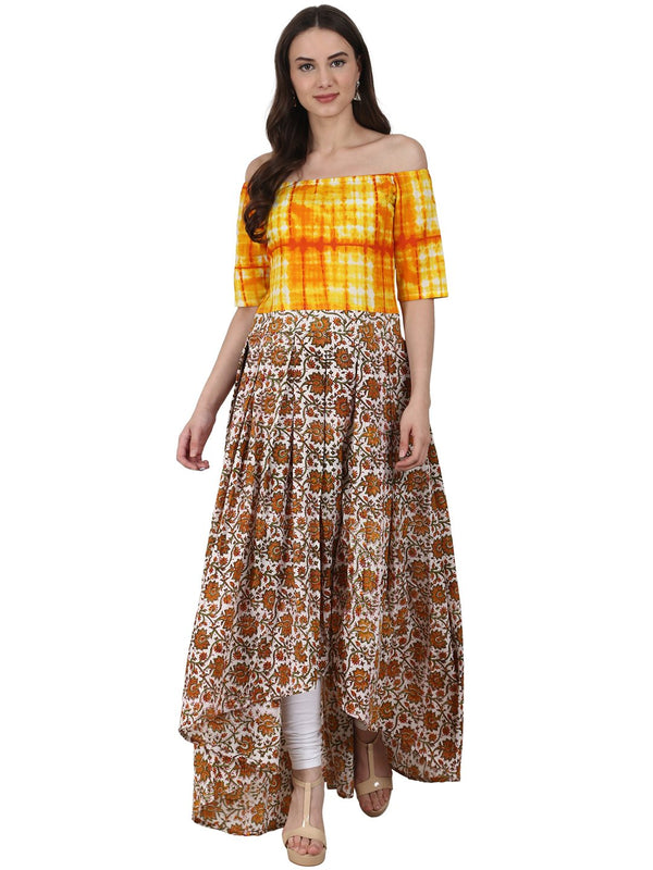 Women Yellow printed drape shoulder sleeve cotton low high Flared dress | NOZ2TOZ - Made In INDIA.