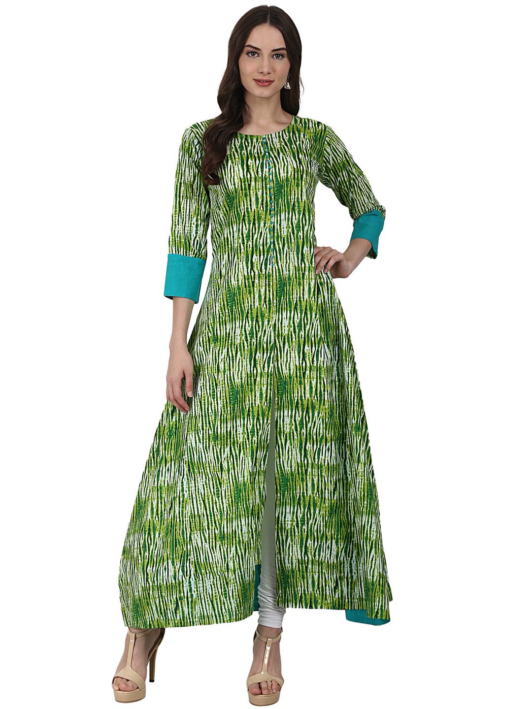 Green printed 3/4 sleeve cotton A-Line kurta | NOZ2TOZ - Made In INDIA.