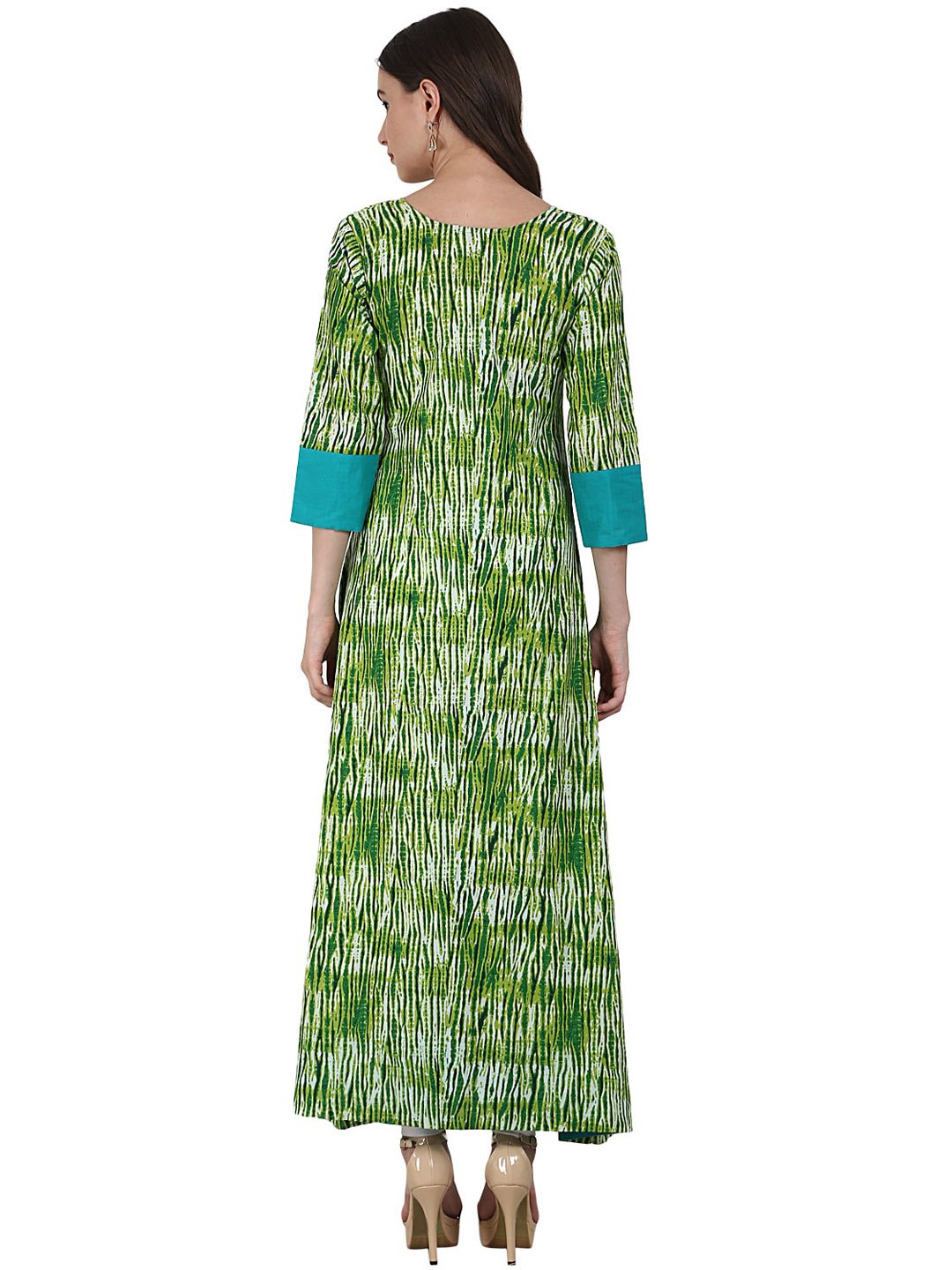 Green printed 3/4 sleeve cotton A-Line kurta | NOZ2TOZ - Made In INDIA.