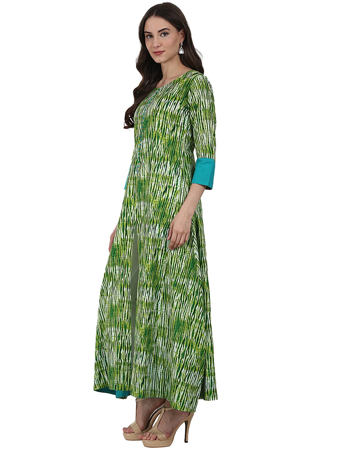 Green printed 3/4 sleeve cotton A-Line kurta | NOZ2TOZ - Made In INDIA.