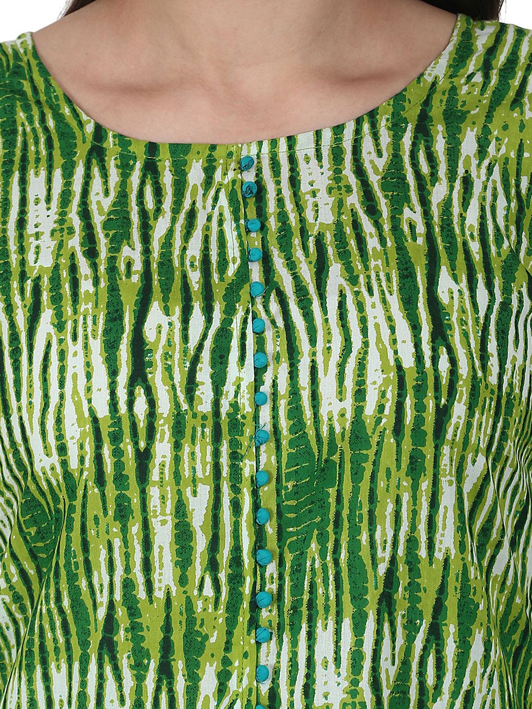 Green printed 3/4 sleeve cotton A-Line kurta | NOZ2TOZ - Made In INDIA.