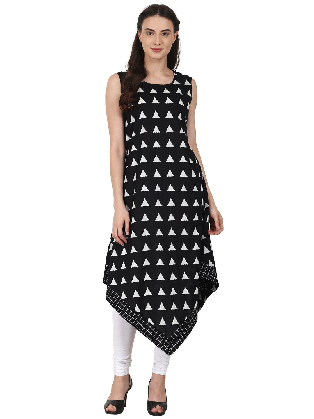 Black printed sleevless cotton low high kurta | NOZ2TOZ - Made In INDIA.